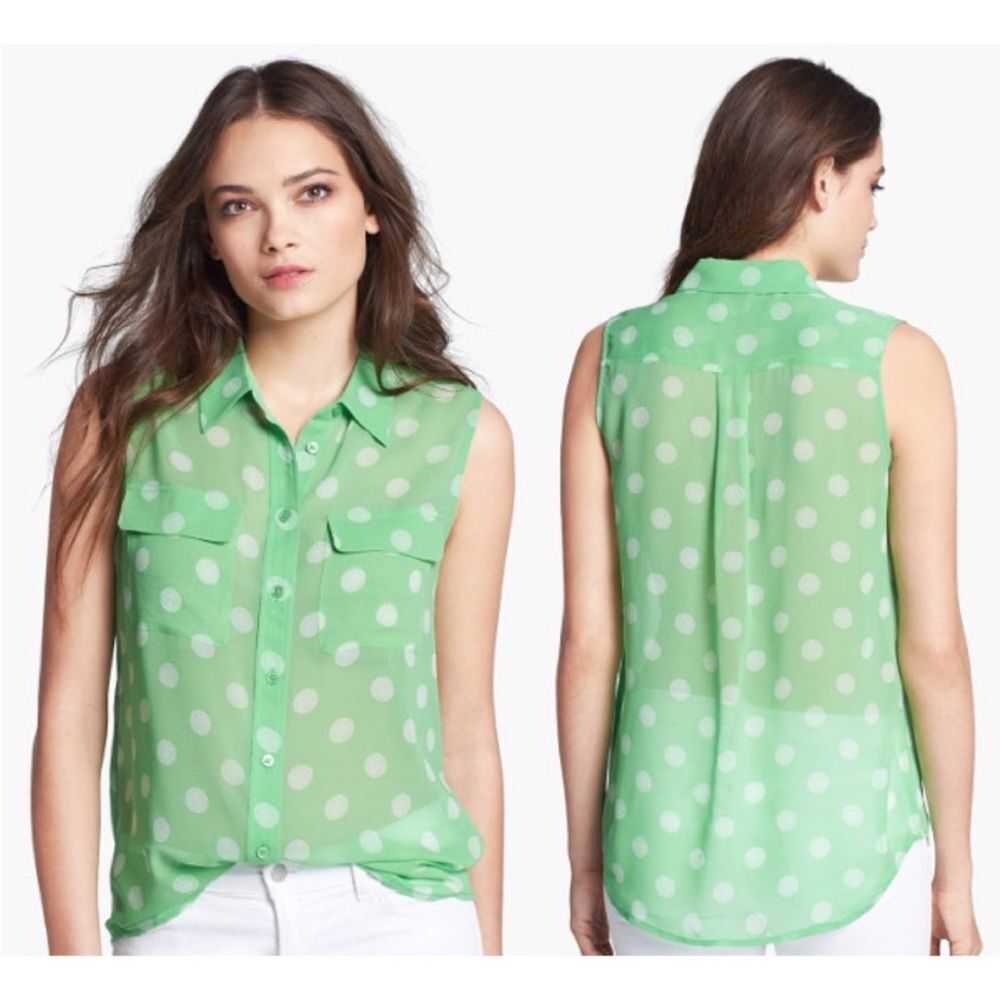 Equipment Green Polka Dot Sheer 100% silk  Blouse, L